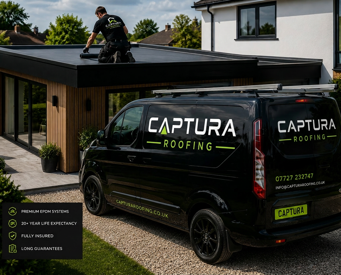 Premium flat roof — EPDM rubber membrane installed on a modern UK home extension at dusk