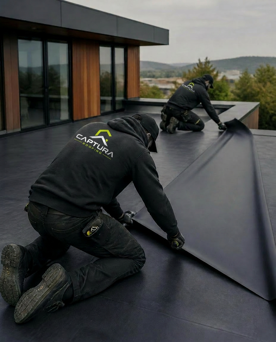 Captura Roofing team installing EPDM rubber membrane on a modern flat roof