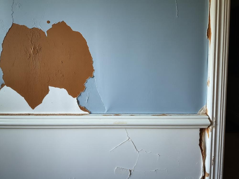 Water damaged hallway wall with bubbling paint