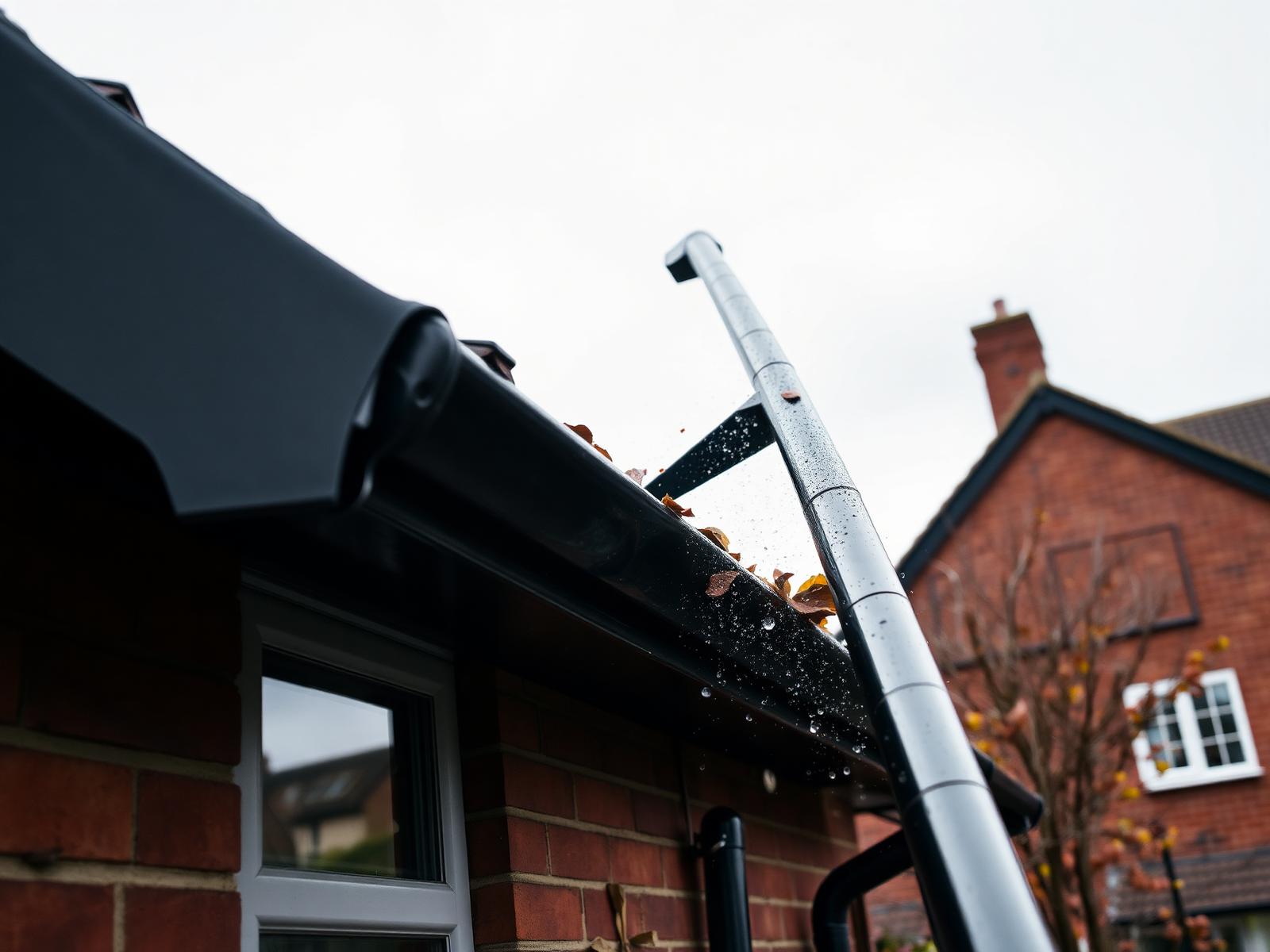 Gutter vacuum cleaning a black uPVC gutter on a Hertfordshire home